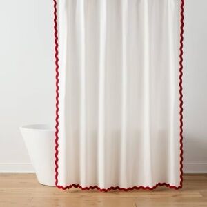 Threshold White Shower Curtain with Red Scalloped Edge and matching rug